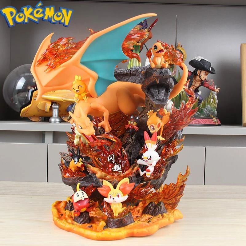 32cm Pok é Mon Huo Family Barrel Valley Spitfire Dragon With Light Anime Figure Pvc Model Doll Statuette Desktop Collection Toy