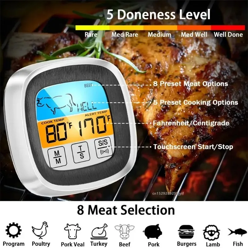 1pc Digitale Küche Lebensmittel Thermometer Sonde Touchscreen Grill Fleisch Temperatur Messen Steak BBQ Timer Kochen Werkzeuge