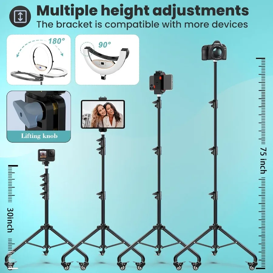 ไฟวงแหวนพับได้ 22 ดวง พร้อมขาตั้งปรับระดับได้สำหรับ iPhone iPad และอุปกรณ์มือถือ ขาตั้งแบบมีล้อ 75 องศา พร้อมไฟ LED 50W 6500K