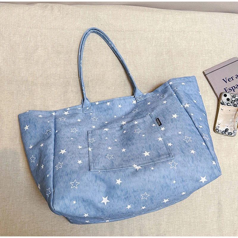 Koreanische Tragetasche mit Sterndruck, Damen-Shopper-Schultertasche, geräumige Handtasche für den täglichen Gebrauch, einfarbig, vielseitig, minimalistisch – Detail 25
