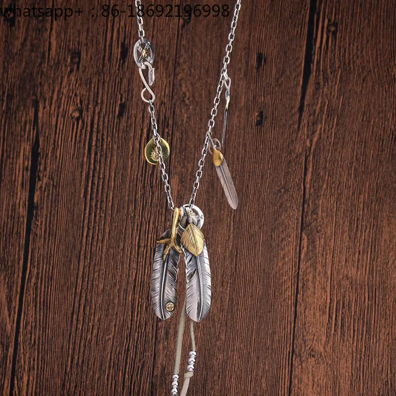 S925 Silver Vintage Tai Horn Chain Old Eagle Claw Takahashi Goro Style Set Chain Feather Silver Necklace