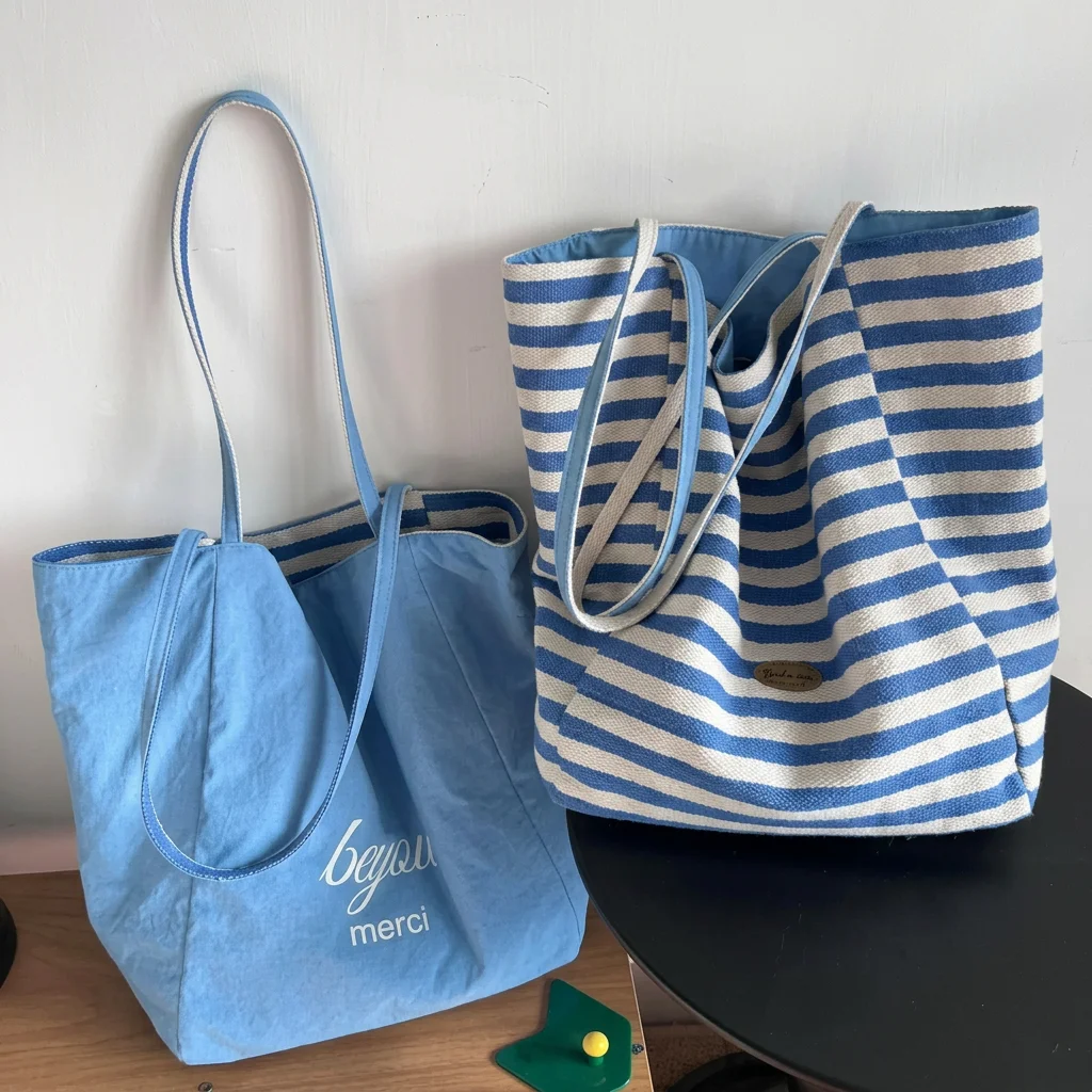 AB Double Sided Large Tote Bag Women Light Blue Canvas Handbag Reversible Striped Solid Design for Daily Shopping Travel image 2