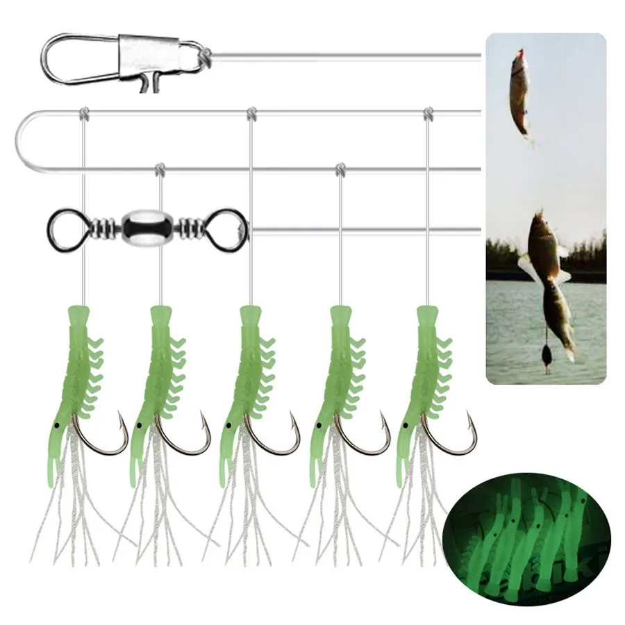 Sabiki String Hook Soft Fishing Bait Rigs 6Pack 5Rig/Pack Luminous Artificial Shrimp Bait Fishing Jigs Sea Fish Lure Spinnerbait