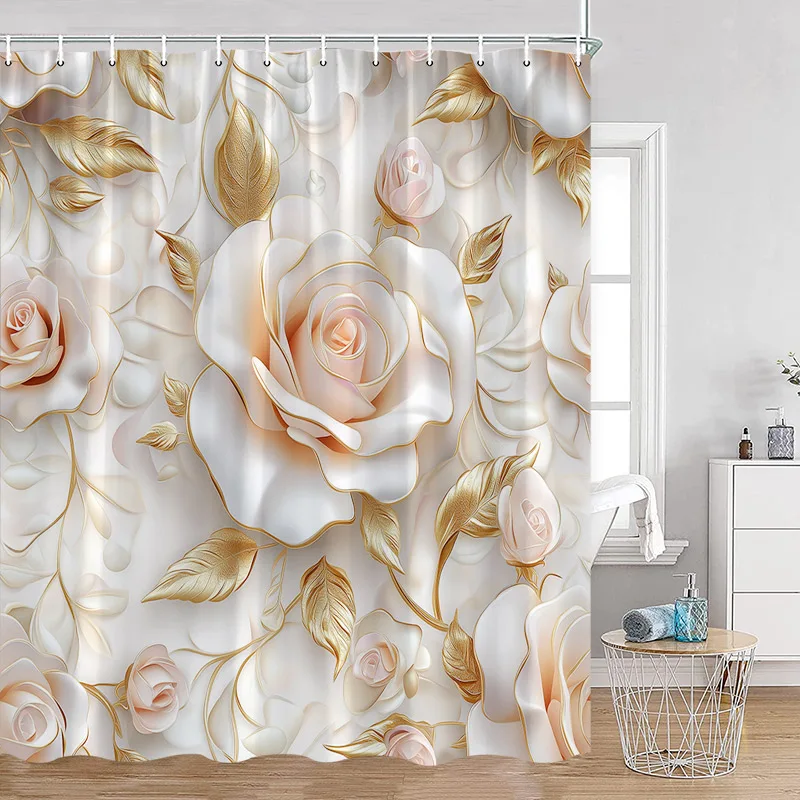 Luxury Gold White Floral Shower Curtain Rose Butterfly Cherry Blossom Modern Art Flower Polyester Fabric Bathroom Curtains Decor