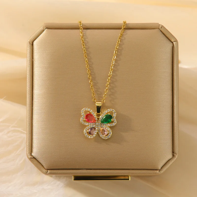 Fashionable High-End Color Zircon Butterfly Stainless Steel Necklace for Women Luxury Personality Match Copper Pendant Clavicle