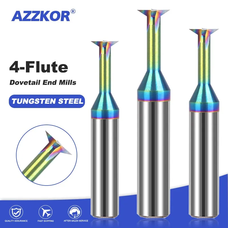 AZZKOR Tungsten Steel Carbide HRC60 4-Flute Dovetail Milling Cutter 30/45/60° For Aluminum CNC Mechanical Processing End Mill