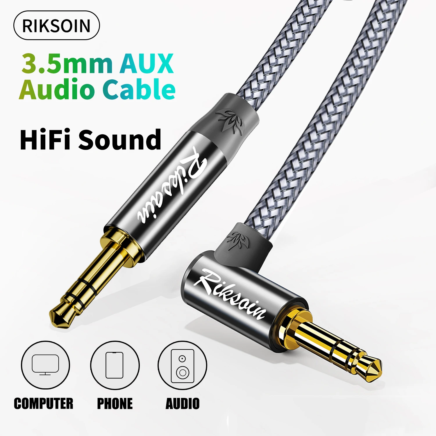 RIKSOIN AUX Cable, 3.5mm TRS Male to 90° Right Angle Nylon Braided Cord Compatible for Headphone,  Speakers, Car, Home Stereos