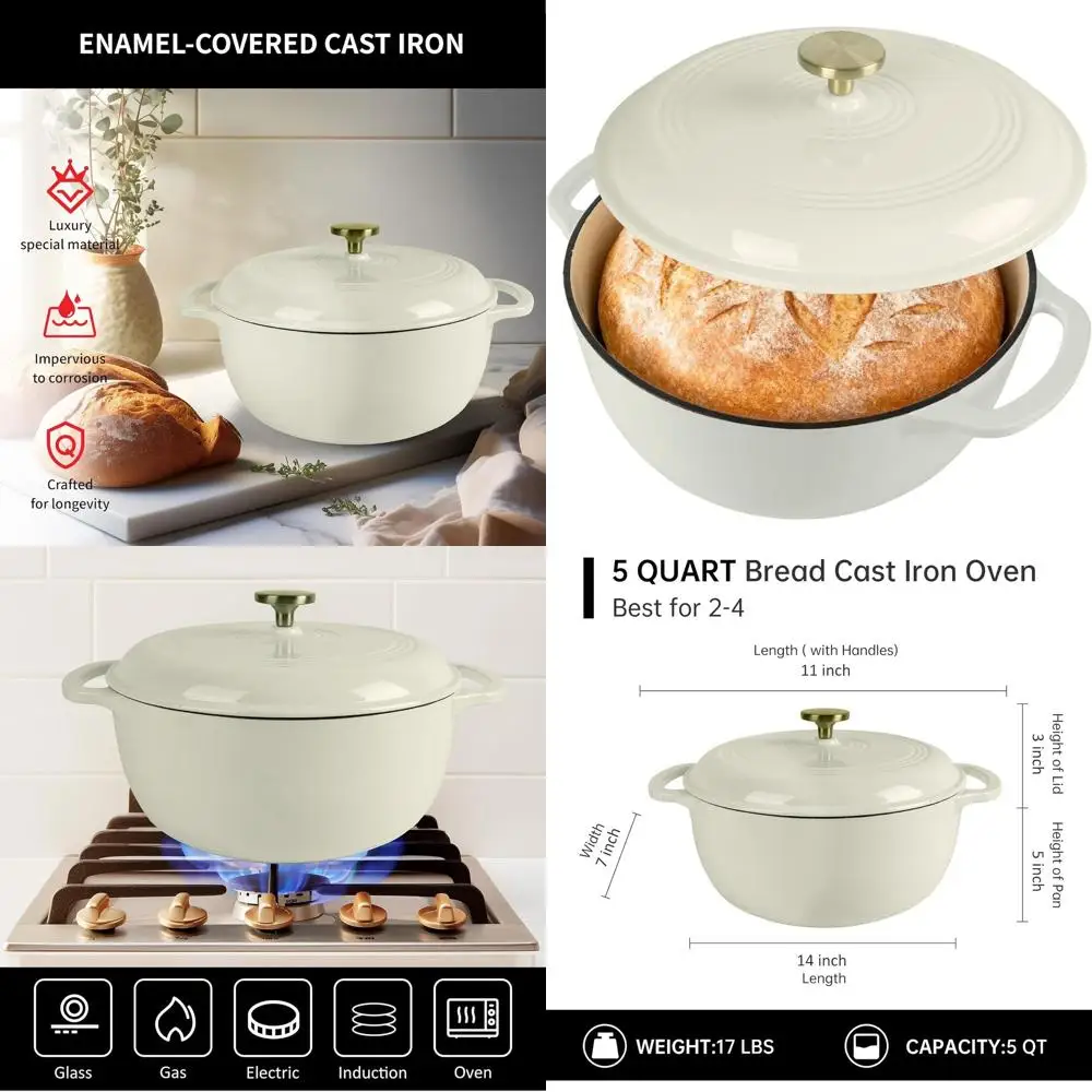 

Enameled Cast Iron Dutch Oven, 5.5 QT Oval, Non-Stick, Ideal for Sourdough, Loaf, Artisan Bread Baking, Cream Colored