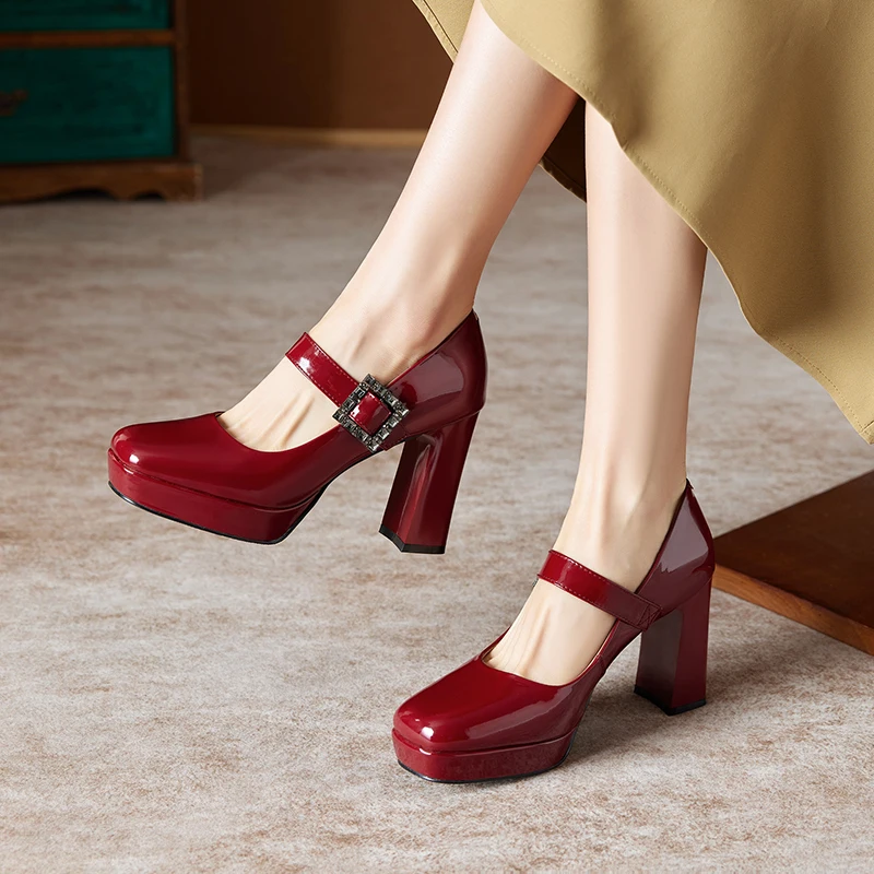 

Handmade Genuine Leather Women Mary Janes Shoes Round Toe Red High Heels platform Elegant Women Pumps