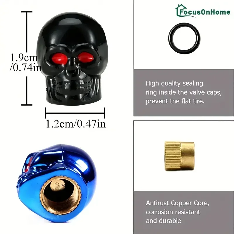 8pcs/set Skull Skeleton Head Car Motorcycle Tire Valve Cap, Plastic Copper Core Rubber Sealing Valve Cap