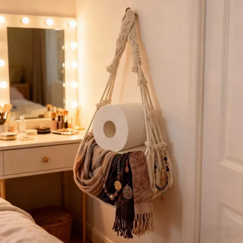 Handwoven Cotton Rope Toilet Paper Holder - Hanging Roll Paper Storage Pocket for Bathroom, Rustic Wall Mount Tissue Organizer - view 4