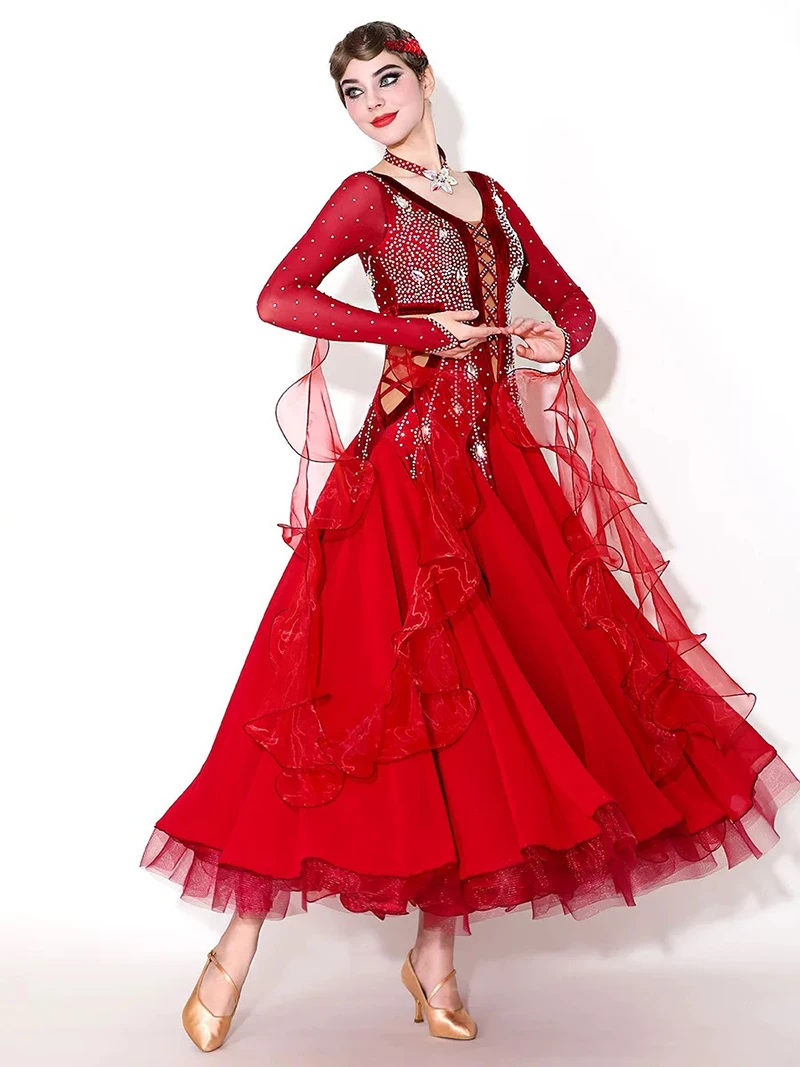 Standard Waltz Dance Dress Adult Red Shiny Diamond Tango Ballroom Competition Dancing Costume Women's Ballroom Dance Dresses