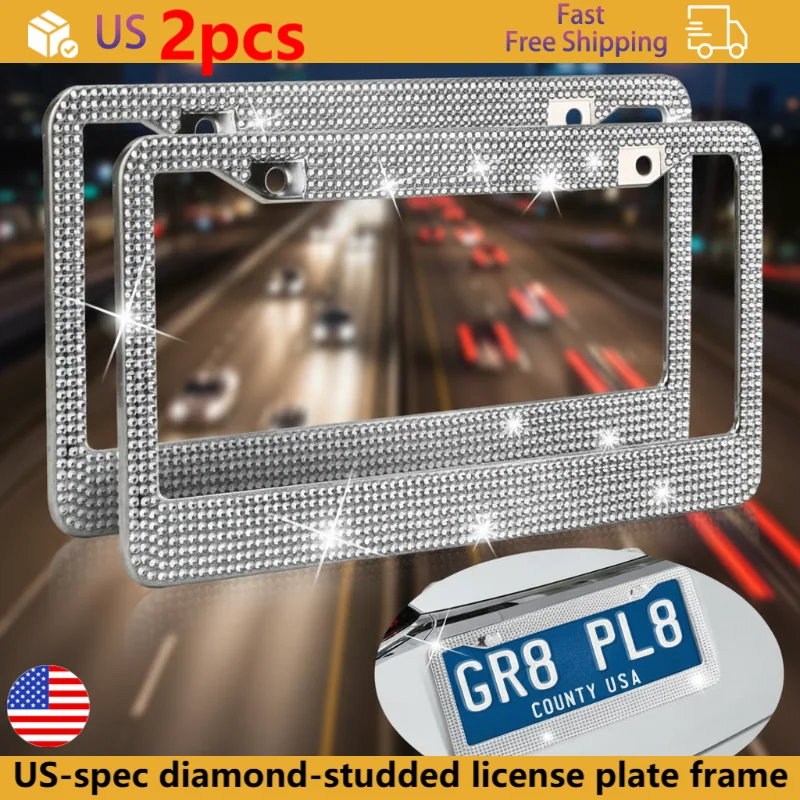 2PCS Stainless Steel License Plate Frame for Cars US-Spec Bling License Plate Frame Glitter Crystal Sparkling Rhinestone Caps