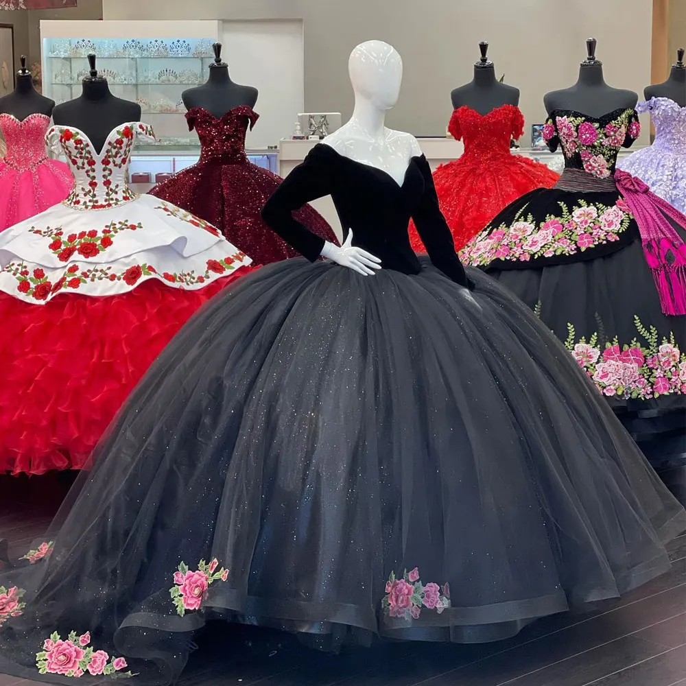 Black Quinceanera Dresses 2024 Long Sleeves Prom Party Wear Ball Gown Sweet 16 XV Years Old Miss Birthday Dress Pageant Mexican