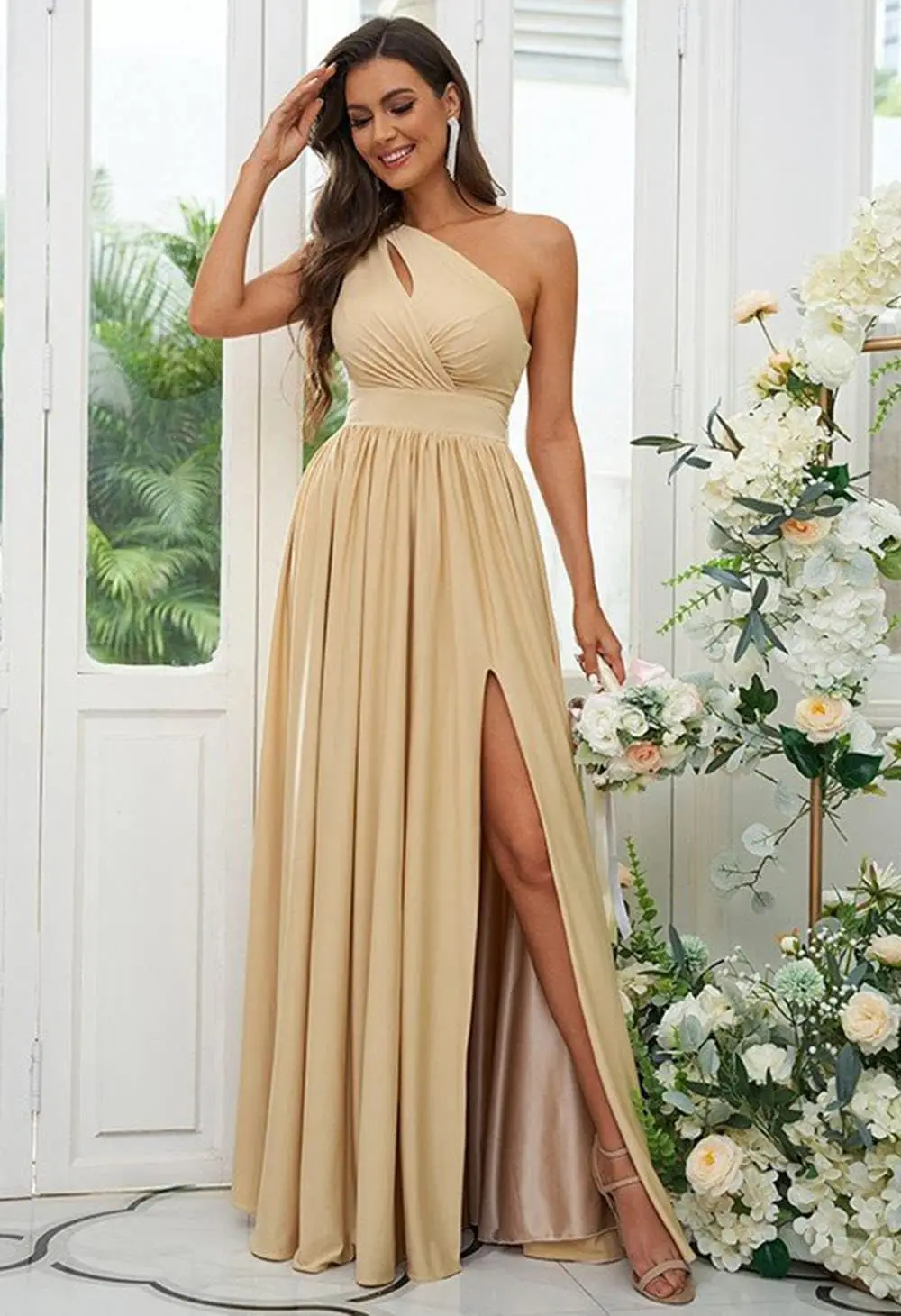 Elegant One-Shoulder Hollow out Long Bridesmaid Dress with Slit for Wedding Formal Attire Gentle Style Women's Gown