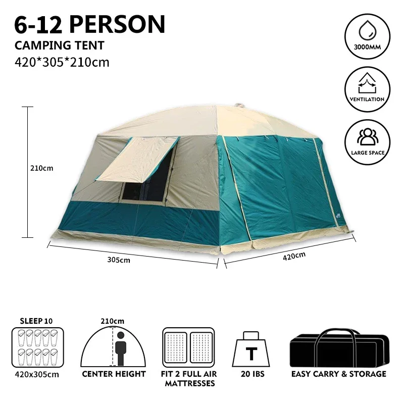 8-12Person extra large tent for camping family cabin 4 season tents outdoor size 2 Rooms 2 Window with Mesh Waterproof Big Tent