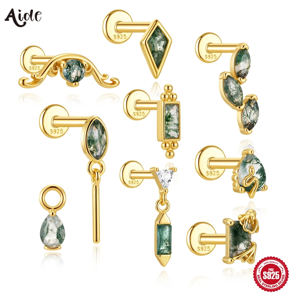 Aide 1 Stück 925 Sterling Silber 10 Stile Moosachat-Piercing-Ohrring Edelstein-Knorpelstecker für Helix, Tragus & Lobe zum Stapeln