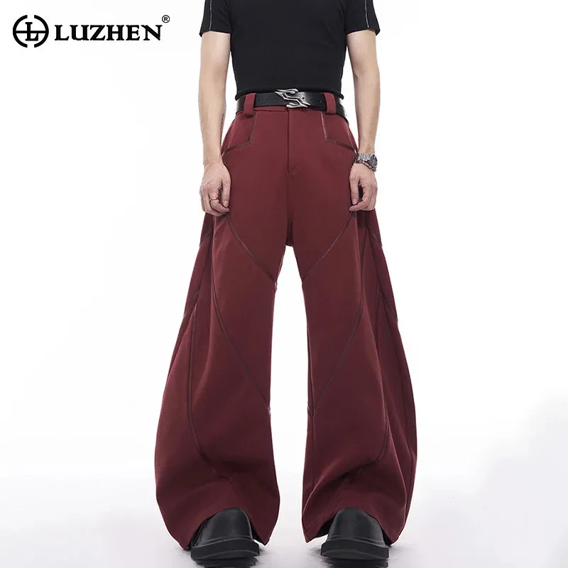 LUZHEN High End Curved Knife Splicing Leather Casual Pants Men's Autumn Solid Color Wide Leg Trousers Versatile American LZ8023