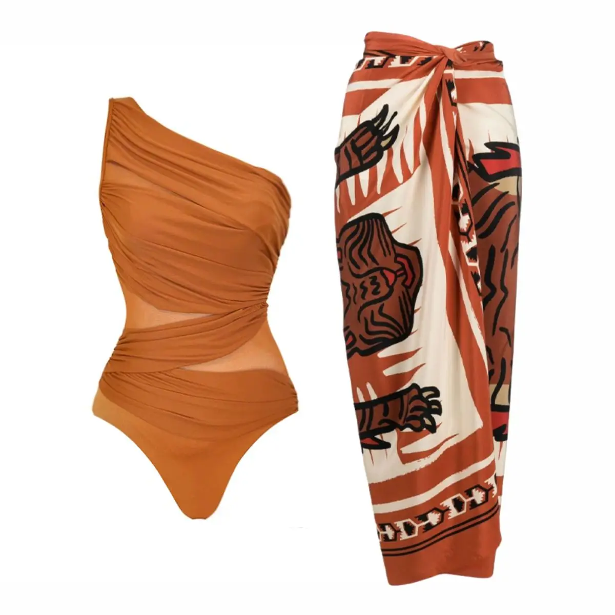 

New 2025 Women's One-Shoulder Ruched Rust Swimsuit Bikini See through One-Piece Swimsuit with Sarong
