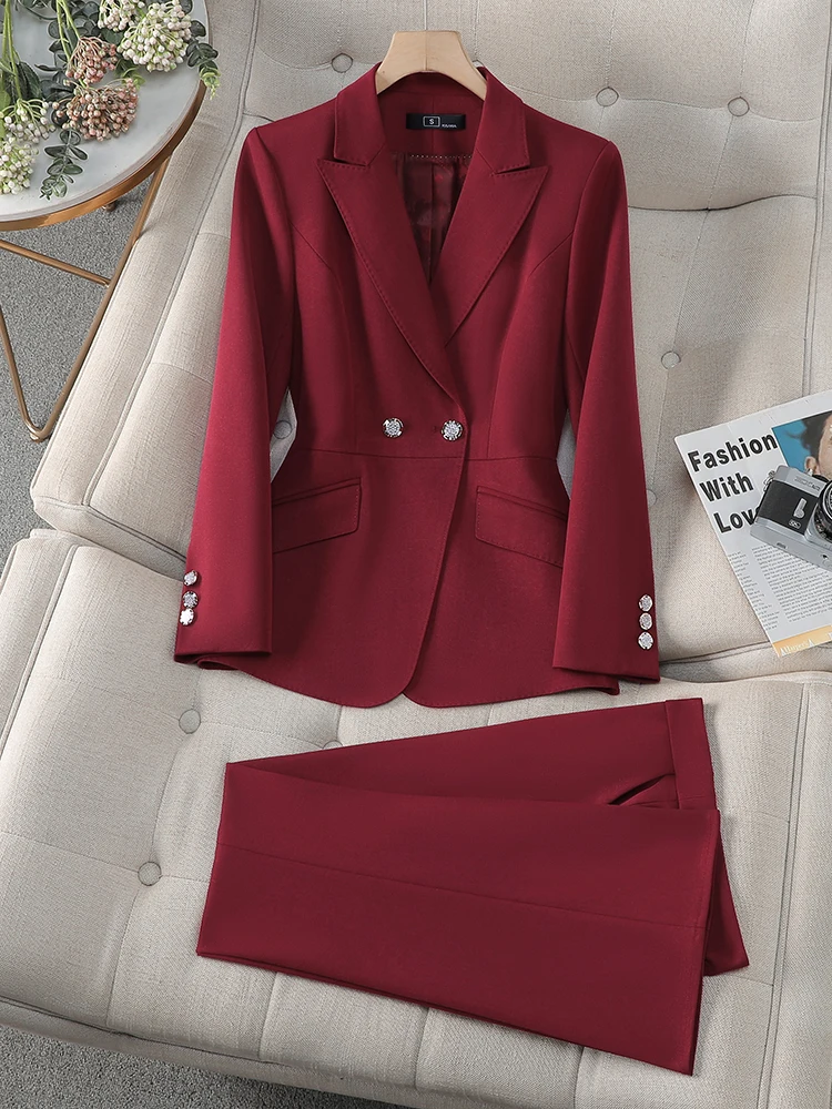 

Винно-красный профессиональный женский костюм-двойка для работы и повседневной носки, модный весенне-осенний комплект для салона красоты, формальный наряд