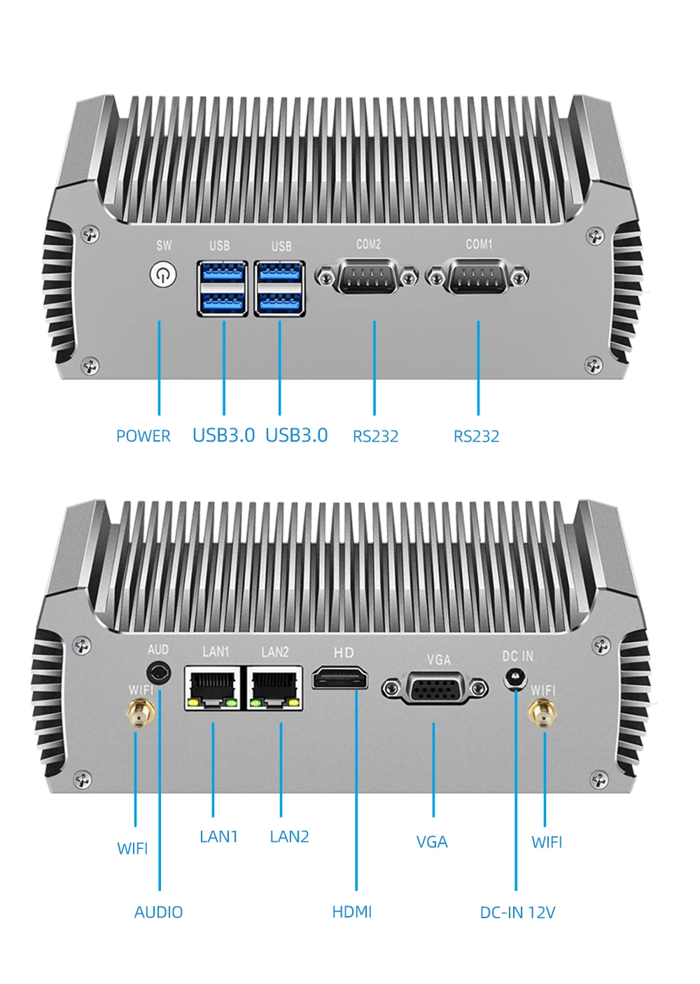 มินิพีซีอุตสาหกรรมไร้พัดลม X46G ซีพียู Intel Core รุ่นที่ 4-8 พอร์ต Serial DB9 2 พอร์ต พอร์ต Ethernet 2 พอร์ต HDMI VGA พอร์ต USB 4 พอร์ต WiFi รองรับ Windows และ Linux
