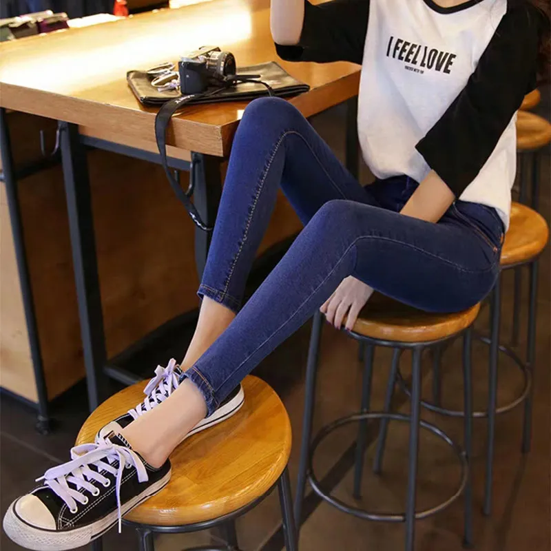 Deep Blue High Waist Nine-Tenths Women's Jeans Spring Autumn 2026 New Elastic Thin Style Student Slim Long Pants