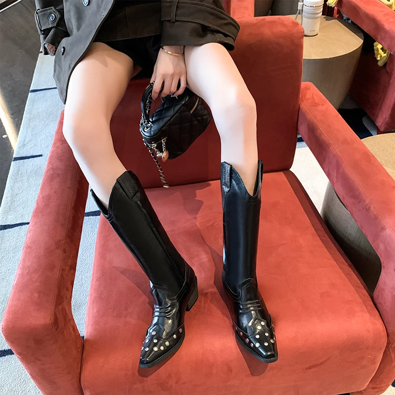 

Designer Knee High Long Boots Winter 2025 Pu Leather Chunky Fashion Shoes Women Mid Heels Gladiator Motorcycle Botas De Mujer