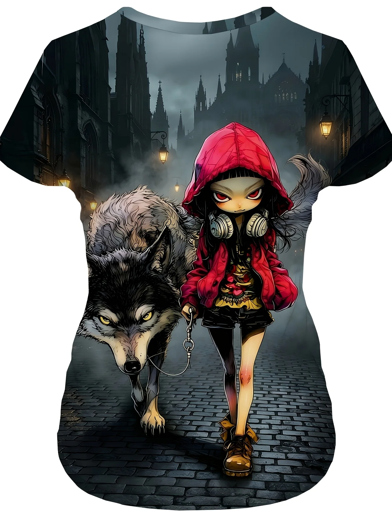 Women Crew Neck Short Sleeve T‑Shirt, Cool Little Red Hood Girl With Big Wolf Dark Castle Fantasy Art Graphic Tee