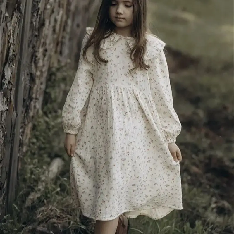 

2024 ins Girls Spring And Autumn Cotton And Linen Floral Casual Mid-Length Dress A-line Dress For Children Daily Holiday Clothes