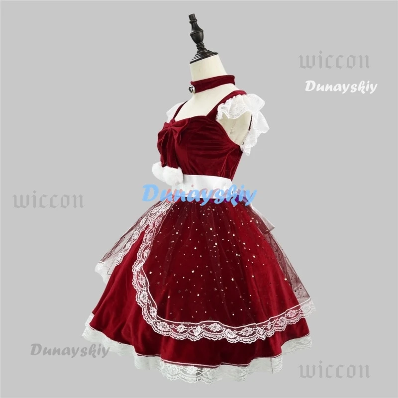 Costume da Babbo Natale di Natale Abito sexy in pizzo con fiocco di neve Halter BackBow Dress Uniform Abiti caldi in peluche Costumi Cosplay