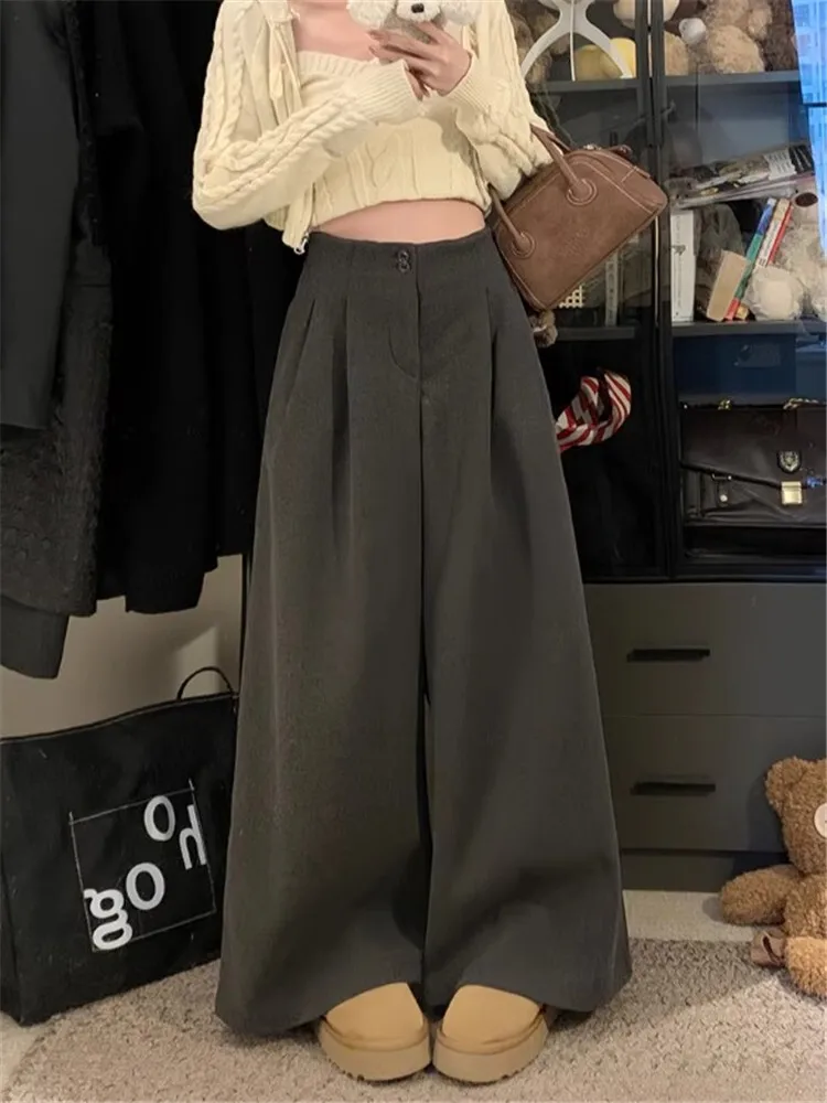 

High Waisted Woolen Wide Leg Pants For Women In Winter, With A Sense Of Drape, Loose Fitting Straight Leg Pants Thick