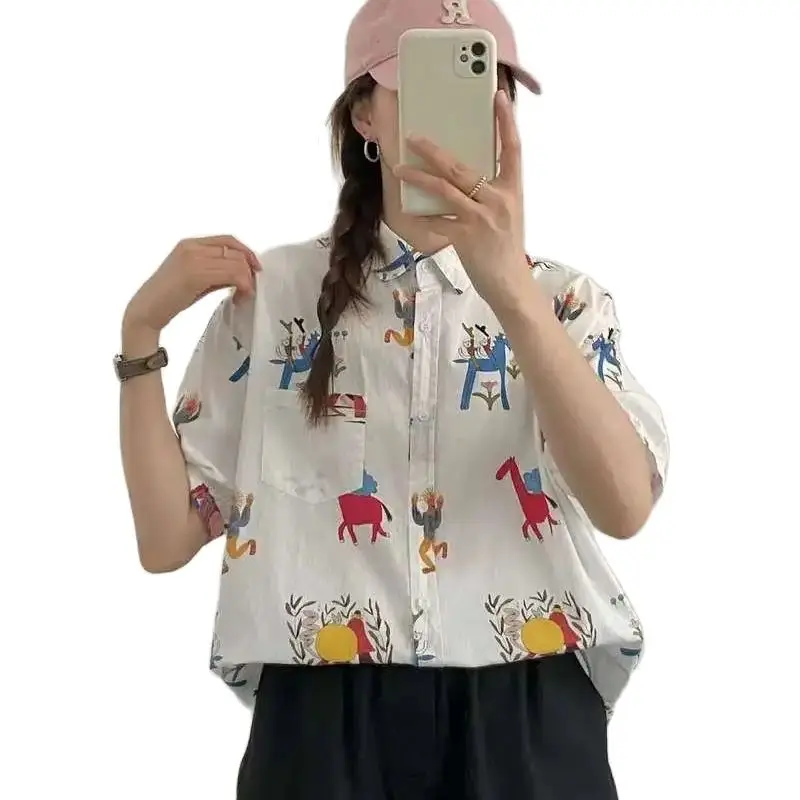 New Spring Cotton Loose Shirt Women Short Sleeve Pockets Cartton Printed Tops Mori Girl Sweet Casual Blouse 2024 Summer T45374QM