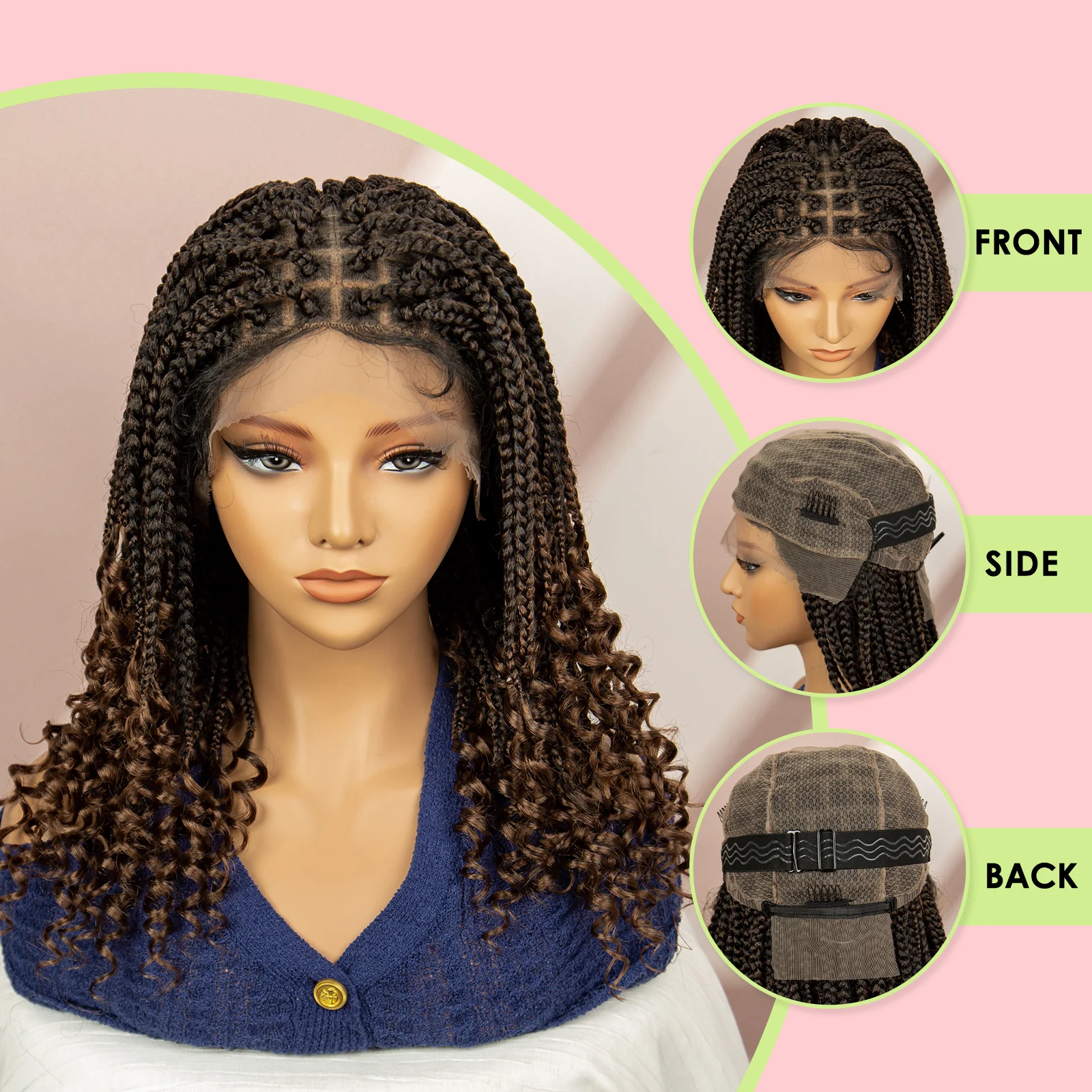 16 Inches Short Box Braided Full Lace Wigs for Black Women Brown Box Braiding Hair Wigs African Braids Lace Wigs Curly Ends Wig