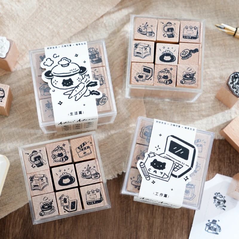 Journal GO 9pcs/set Cute Little Cat Decoration Stamp Retro Wooden Rubber Stamps for Scrapbooking Collage Junk Journal Card diy