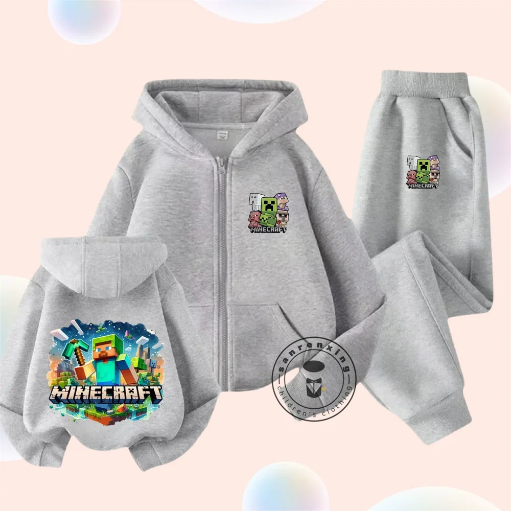 2025 Minecraft Spring Fall Boys Girls Hip Hop Soft Cotton Sleeve + Long Pants Cartoon Cartoon Sports Zipper Hoodie Fashion Set