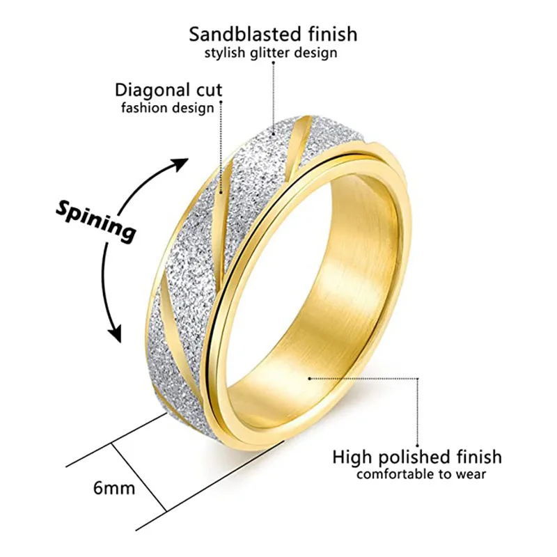 

Rose Gold Stainless Steel Anxiety Ring Women Men Fidgets Spinner Rings Engagement Bands Silver Color Fashion Jewelry 6mm