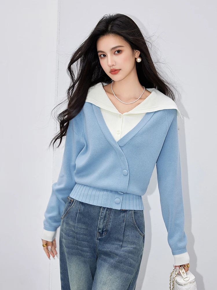 Fake Two-piece Sweater Autumn Winter Korean Loose Pullover Knitted Top Fashion Patchwork Contrasting Color Sweater