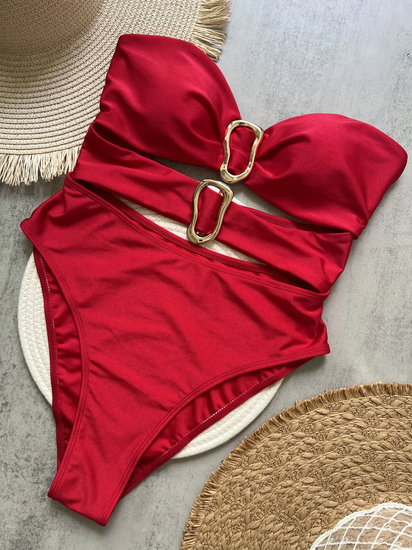 3 Colors Sexy Metal Rings Cut Out Women Swimwear One Piece Swimsuit Female Bandeau High Leg Cut Bather Bathing Suit Swim B022D