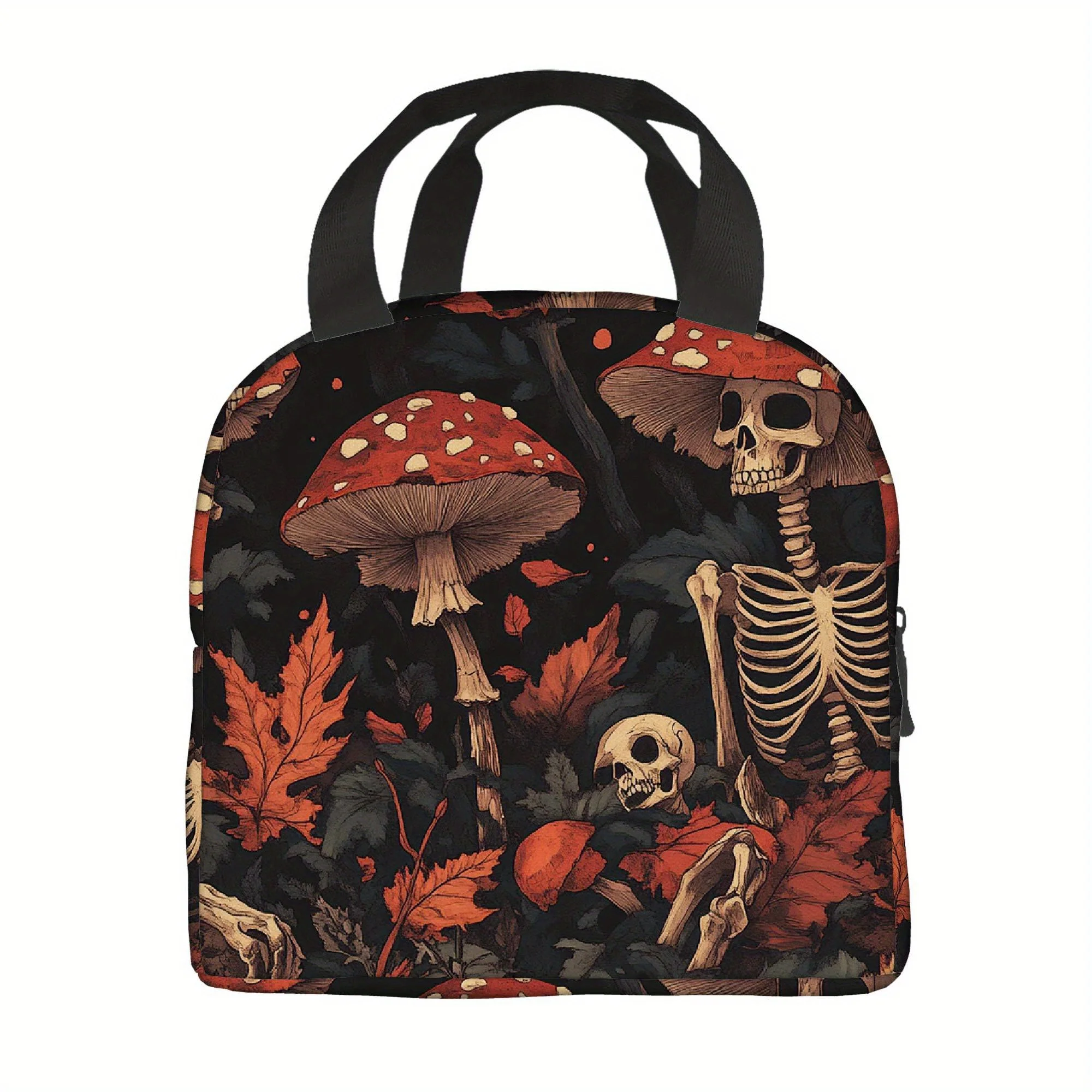 Gothic Forest Skeleton Mushroom Thermal Insulated Tote Bag Reusable for Office Halloween