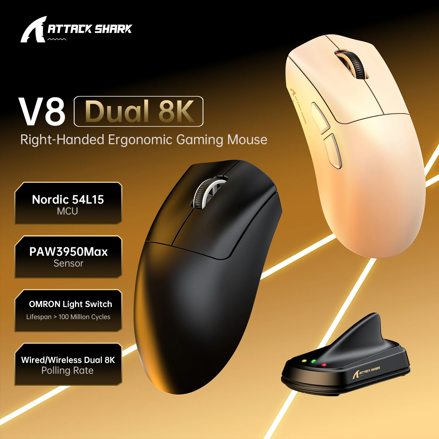 ATTACK SHARK V8 Tri-Mode Wireless Gaming Mouse 42K DPI PAW3950MAX Lightweight Design for PC Mac