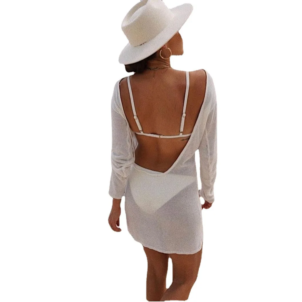 2023 Summer Ice Silk Sexy Backless Beach gonna Holiday Cover Up maglione Knit Dress