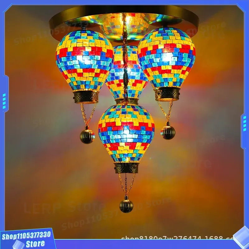 Exotic Turkish Style Hot Air Balloon Glass Ceiling Lamp 4 Head Living Room Restaurant Homestay Decorative Lighting Fixture