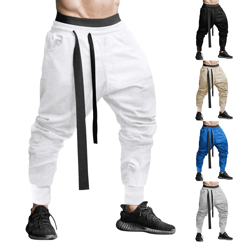 

Men's Sweatpants, Spring And Fall Gymnasium Youth Waffle Fashion Long Pants, Harajuku Street Solid Color Belt Loose Men's Pants