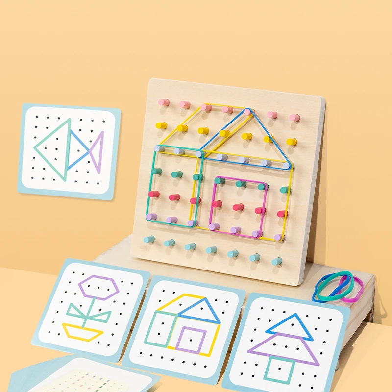 

Wooden Geoboard with Bands Shape Puzzle with Pattern Cards Graphical Educational Toy Gifts for Birthday Children Kids Festival