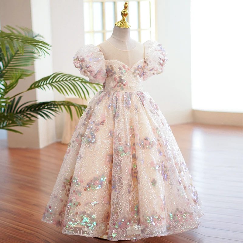 Vestido largo de lentejuelas para niñas pequeñas, traje elegante de lujo para fiestas de noche, bodas, ocasiones formales para niños, vestidos de