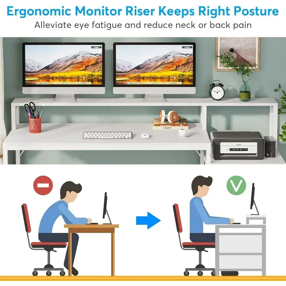 63 Inch Computer Desk with File Drawer Cabinet, Ergonomic Office Desk with Monitor Stand, Computer Table with Printer Space