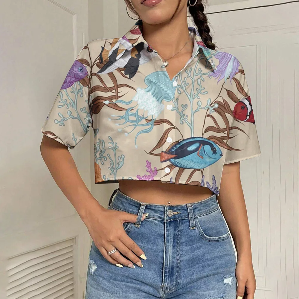 Women shirts & blouses fashion Marine organisms printing shirts summer Short sleeved shirts Leisure blouses Elegant Women shirt