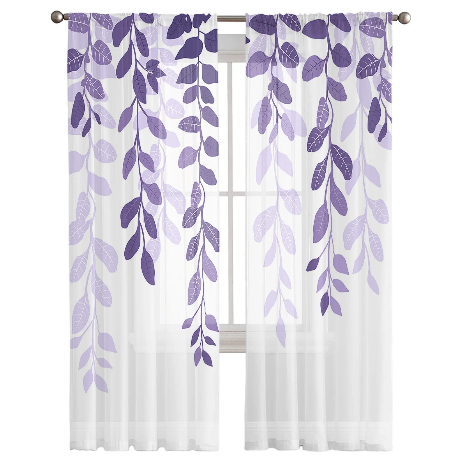 Leaf Plants Country Style Purple Gradient Sheer Curtains For Living Room Window Voile Tulle Curtain Bedroom Kitchen Decoration