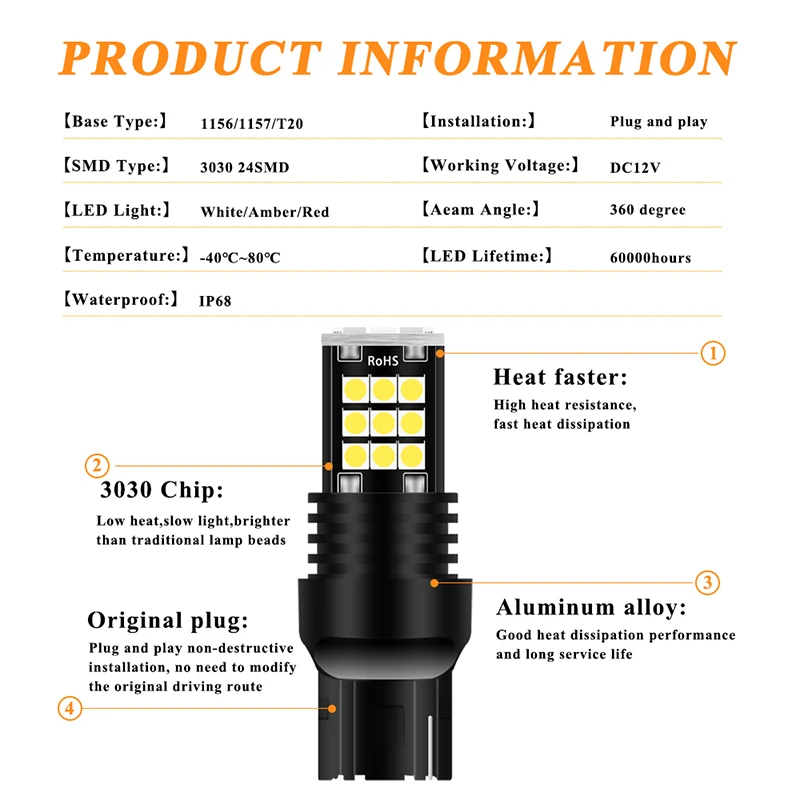 Lámpara de señal de giro para coche, luz roja de respaldo de freno, Py21w, Ba15s, P21w, 1156, Bau15s, 3030SMD, Canbus 1157, Bay15d, P21/5w, 1 piezas