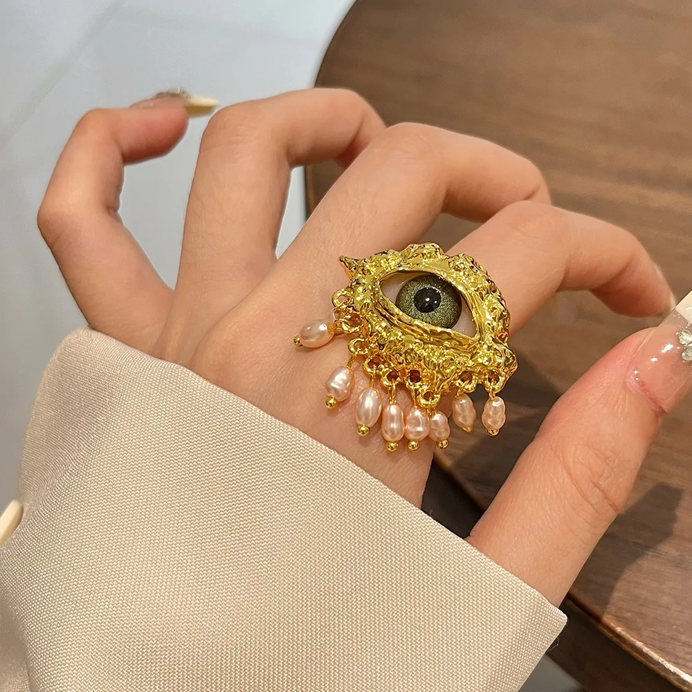 Aesthetic Vintage Devil\'s Eye Ring Tassels Imitated Pearl Glaze Ring Delicate Exaggerated Opening Finger Ring Girls